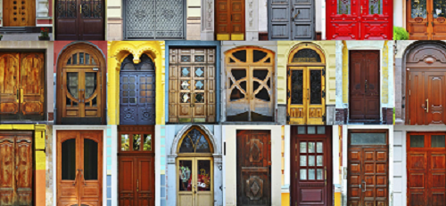 Front doors representing many nations in various shapes, materials and colors